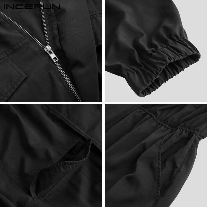 INCERUN Men Jumpsuit Joggers Long Sleeve Romper Zipper Cargo Overalls Cool Solid Streetwear Hiphop Casual Pants Men