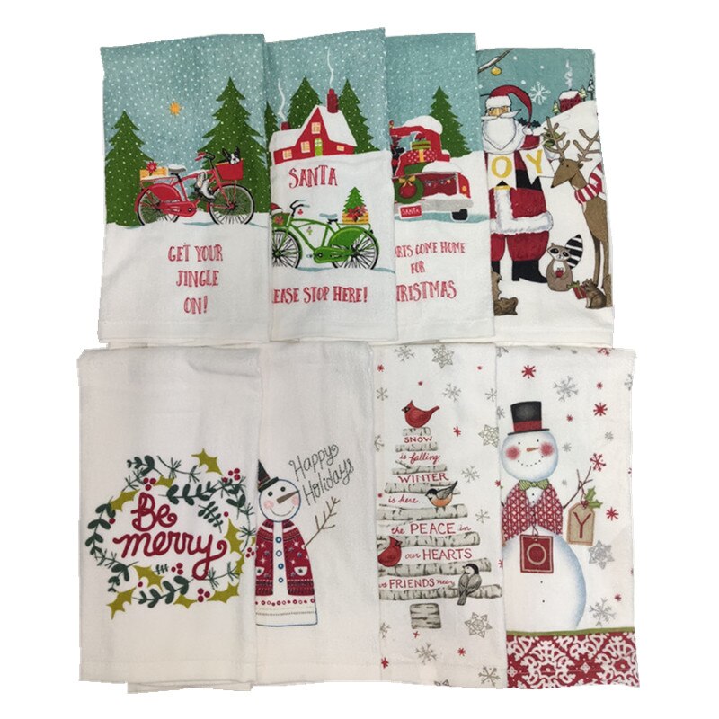 1Pc 41x65cm Christmas Snowman Santa Claus Tree Printed Cotton Kitchen Dishcloth Tea Towel Xmas Party