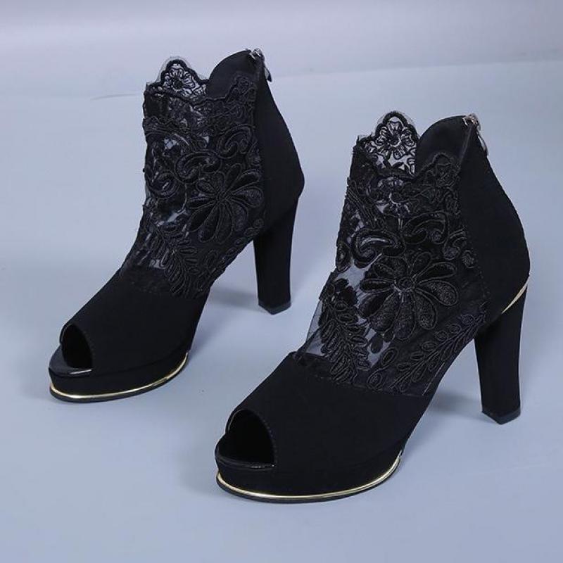 Sandales à talons grossiers, chaussures de bal de mariage Sexy, en gaze, maille étanche, européennes et américaines, printemps et été: Black / 36