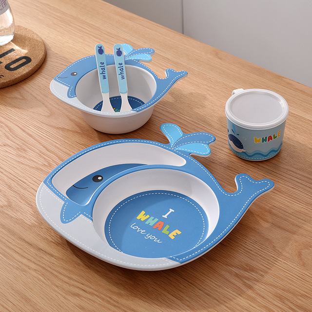 Juego de vajilla de fibra de bambú para bebés, juego de 5 unidades de platos para bebés, plato con separación de dibujos animados para niños, Bol, tenedor, cuchara, vasos, suministros de alimentación