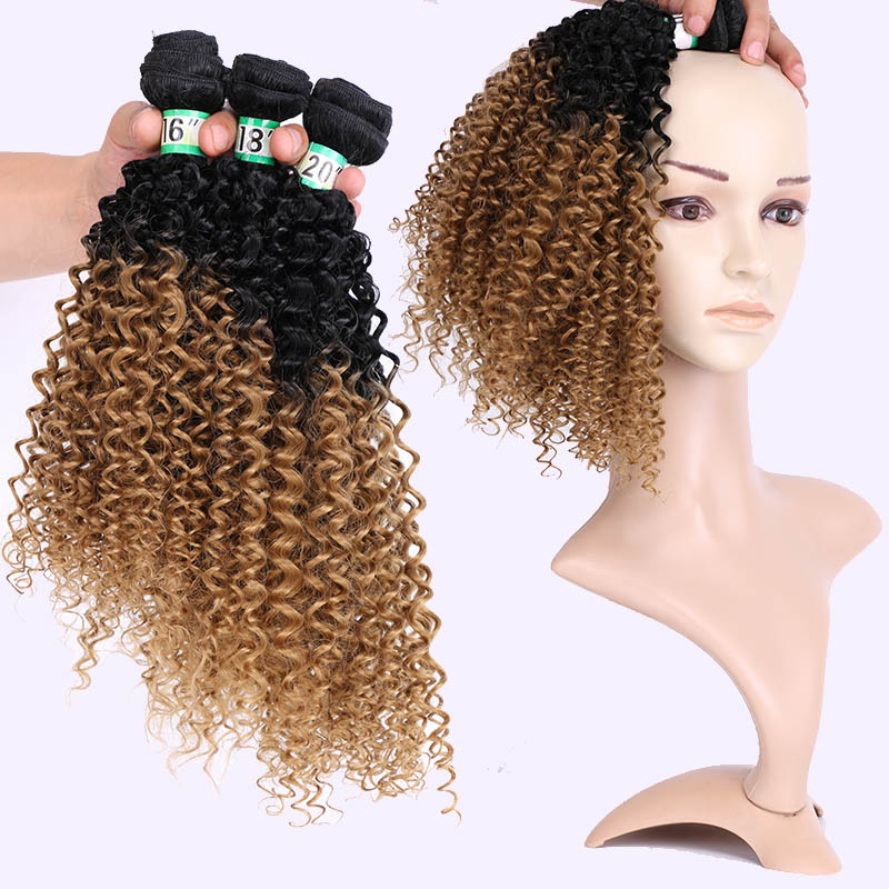 Extensiones de pelo rizado mechones de pelo sintético degradado, 3 unidades, un paquete, para cabello de una cabeza, tejido de sueño, hielo: T1B / 27