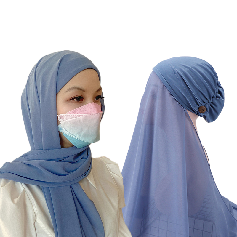 Instant Hijabs Women Bonnet With Chiffon Shawl With buttons Easy to Wear masks Stretch Hijab Cover Headwrap: color 7