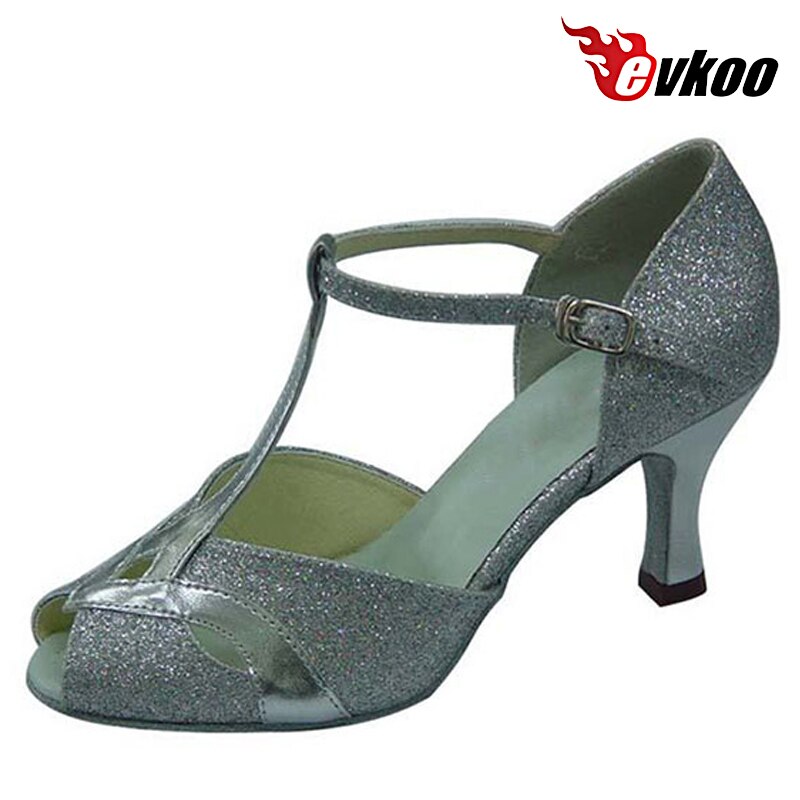 Evkoodance pu med glitter balsal dansesko til kvinder åben tå 7cm hæl tango balsal sko evkoo -283