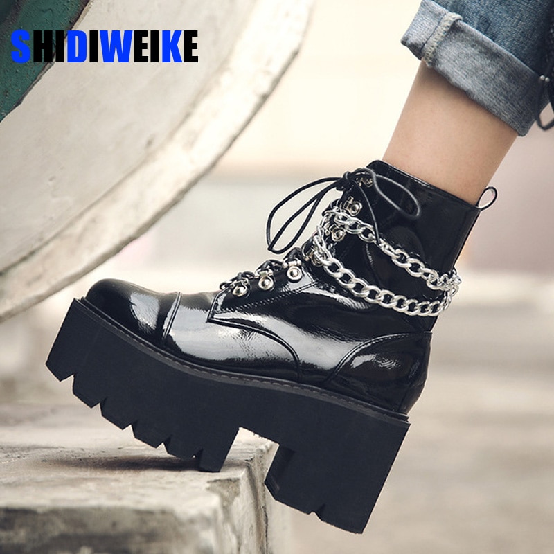 Couro de patente gótico preto botas de salto feminino sexy corrente chunky calcanhar plataforma botas femininas estilo punk tornozelo botas zíper ab670