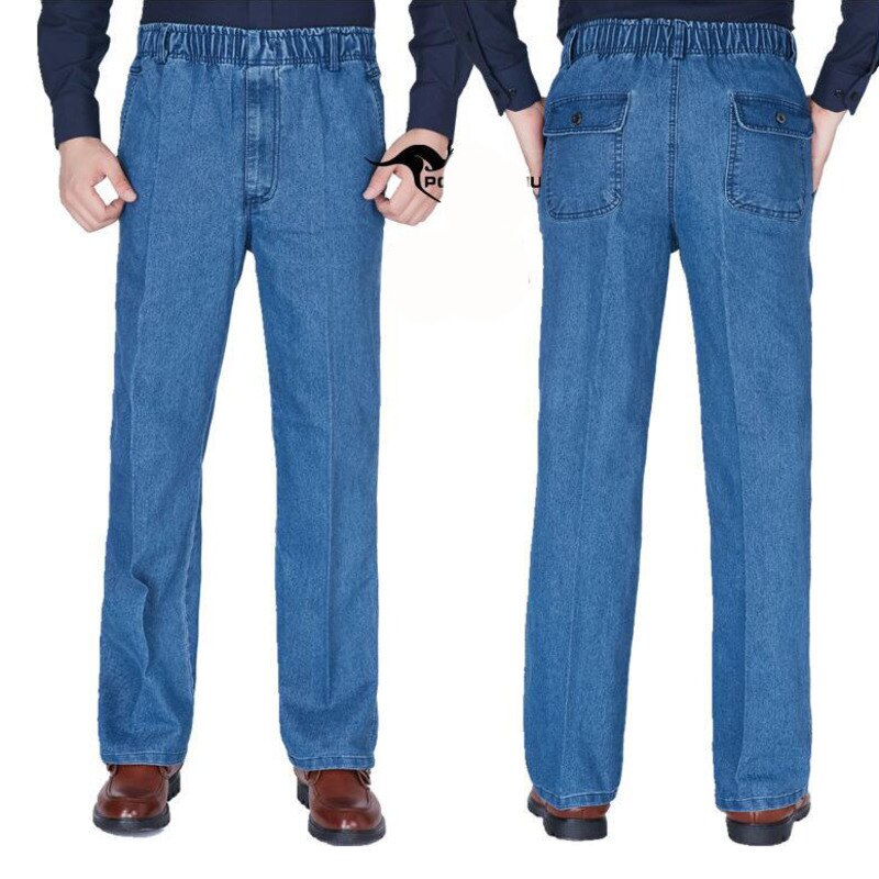 #1301 forår efterår formelle lige jeans mænd lille lomme elastik talje far midaldrende jeans løs elastik talje blå denim