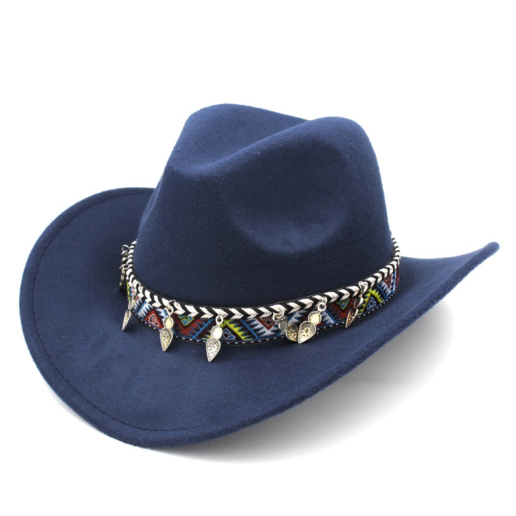 Mistdawn western cowboy hattu cowgirl puku lippis jäykkä lieri naisille miehille monivärinen nauhanauha koko 56-58cm bbh: Laivastonsininen