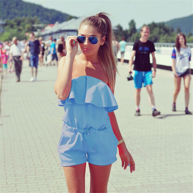 Sommer dameoveralls afslappet flæser shorts rompers elastikbånd off shoulder playsuits sweet beach dame jumpsuits: Himmelblå / Xl