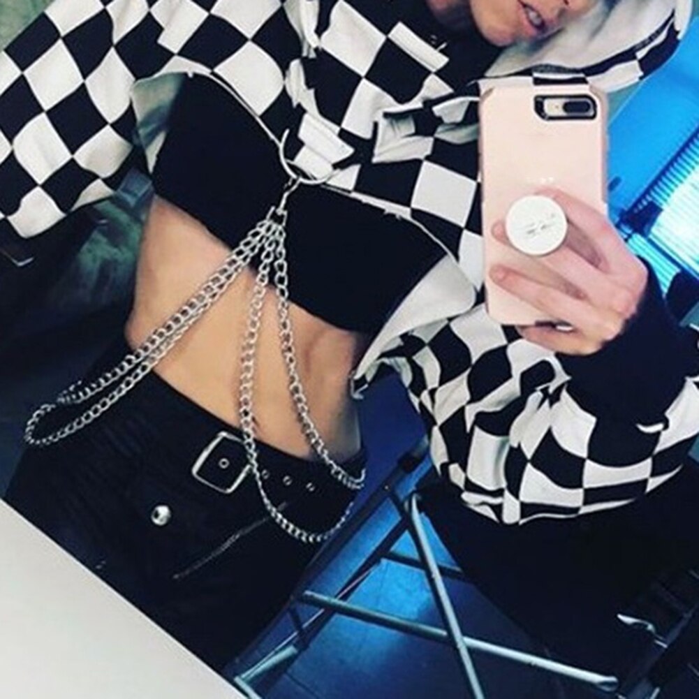 Cadena sudadera camiseta pantalón corto Casual sudaderas con capucha ropa de calle Punk suelto de manga larga de las mujeres costura Sudadera con capucha corta con capucha cosecha