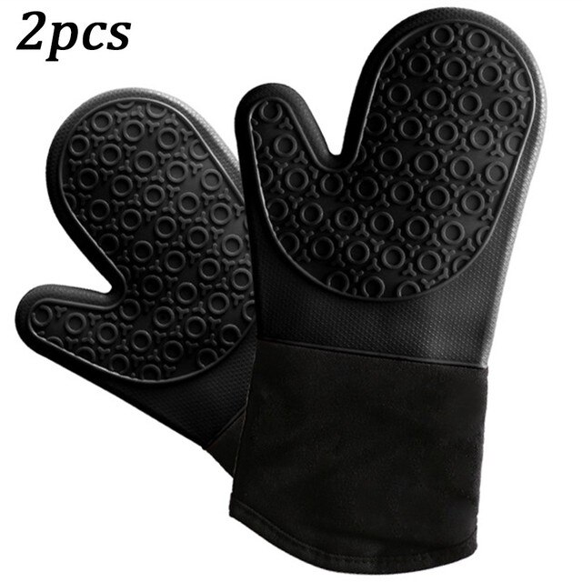 Non-Slip Silicone Microwave Glove Long Cotton BBQ Oven Baking Pot Mitts Cooking Heat Resistant Kitchen Baking Tool: Black 2pcs