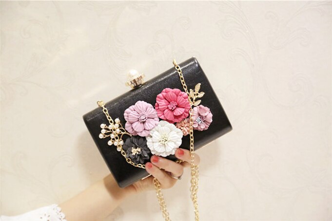 Luxus Handtaschen für Frauen Diamant Schulter Umhängetaschen Ketten Abend Klappen Damen Blume Kasten sperren Kupplung Geldbörse: Schwarz