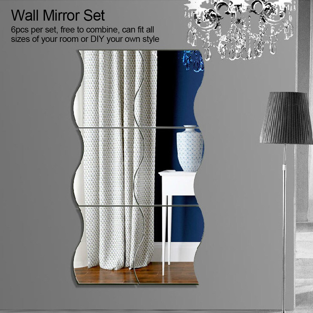 Miroir mural en forme de vagues, 6 pièces/ensemble, combinaison libre, pour la décoration intérieure, le salon, la chambre à coucher, la salle de bains ou le magasin