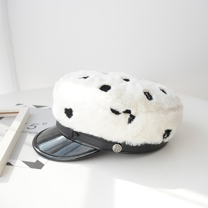 USPOP nowe czapki zimowe damskie wyszywane serce gazeciarz czapki aksamitne ośmiokątny kapelusz PU rondo niejednolita całość czapki damskie grube ciepłe czapki: biały 2