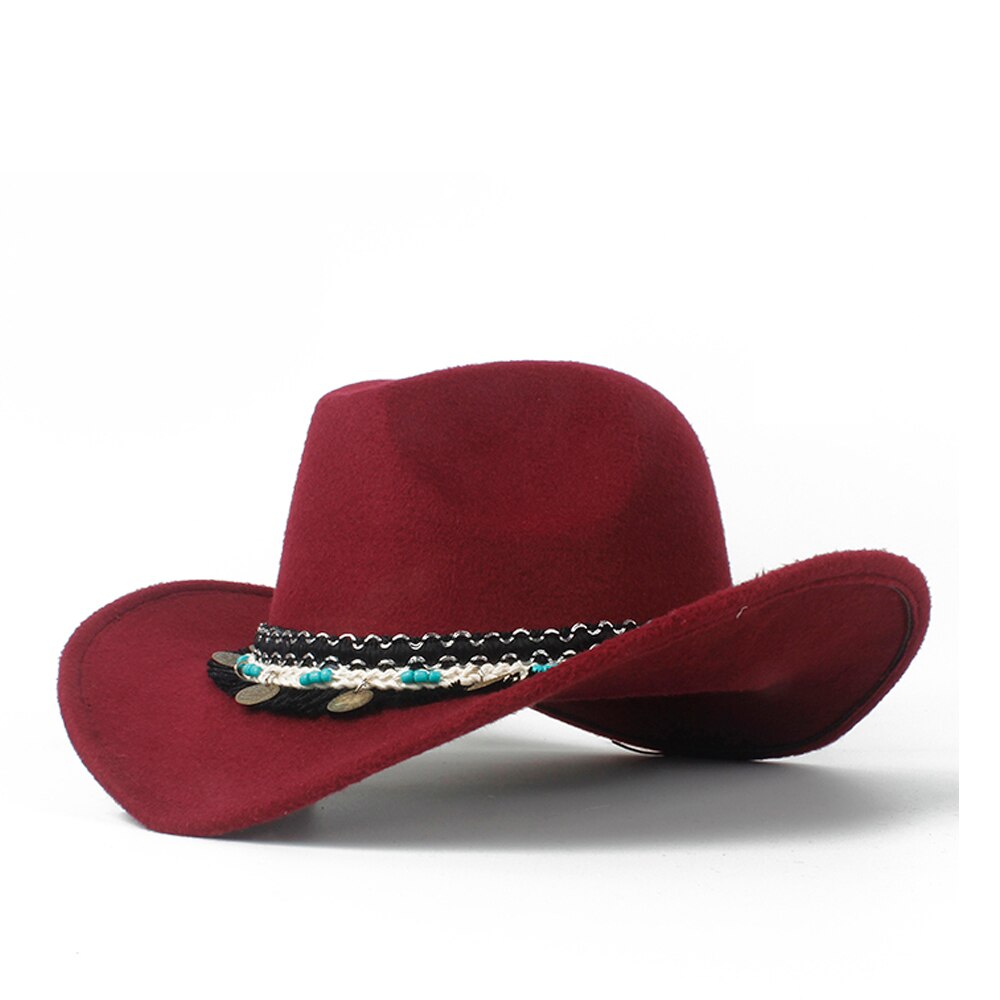 Kvinder western cowboy hat lady fascinator outblack cowgirl sombrero hombre jazz cap: Rødvin