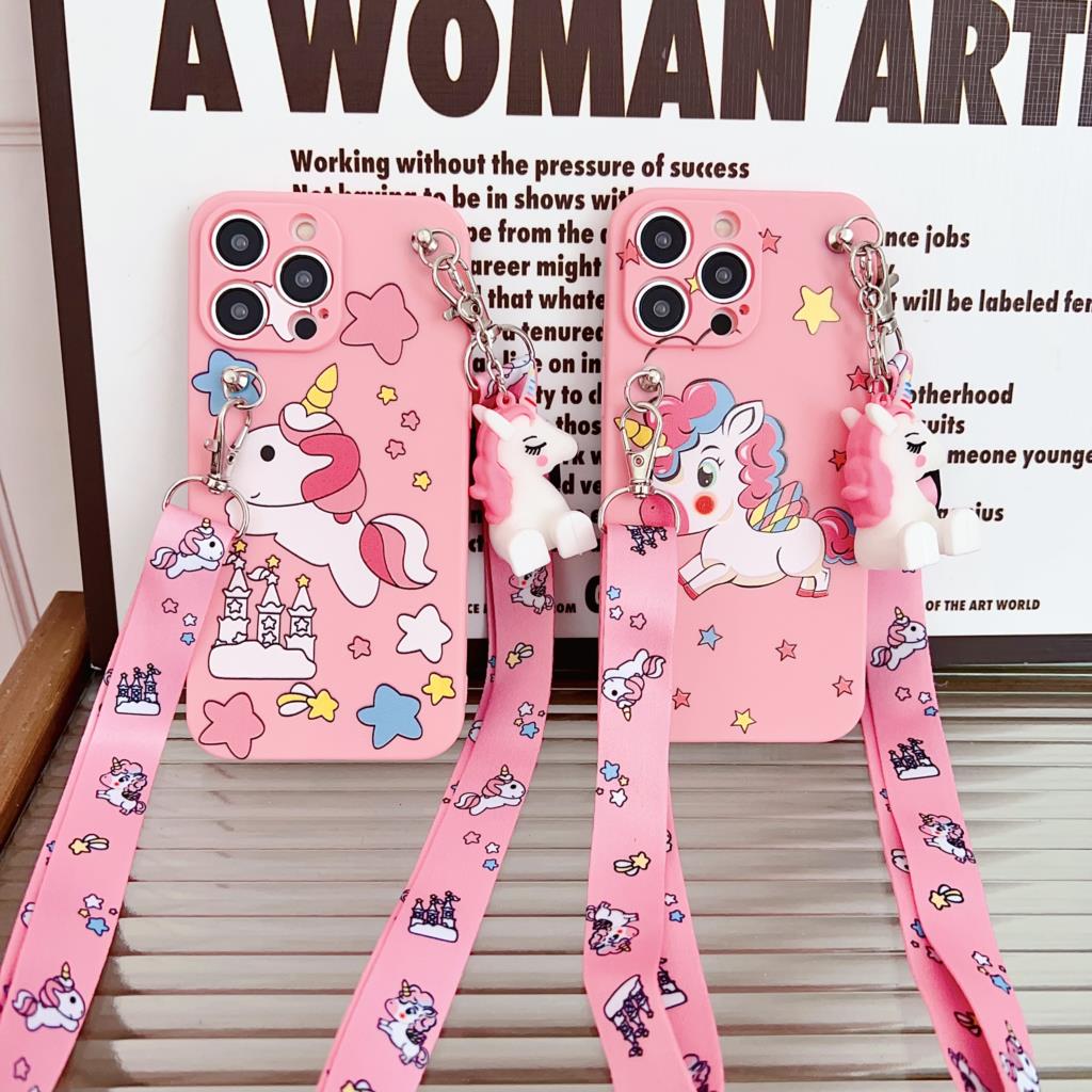 Unicornio para iPhone 6 6s 7 8 X Xs Max XR 11 12 13 14 15 Pro SE Max Funda con cuerda de soporte