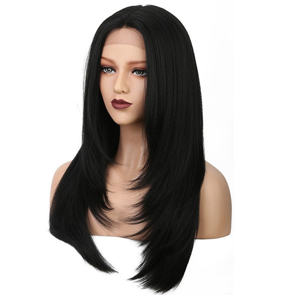 Perruque Lace Front Wig synthétique lisse noire, cheveux naturels, 24 pouces, perruque lace Wig pour femmes