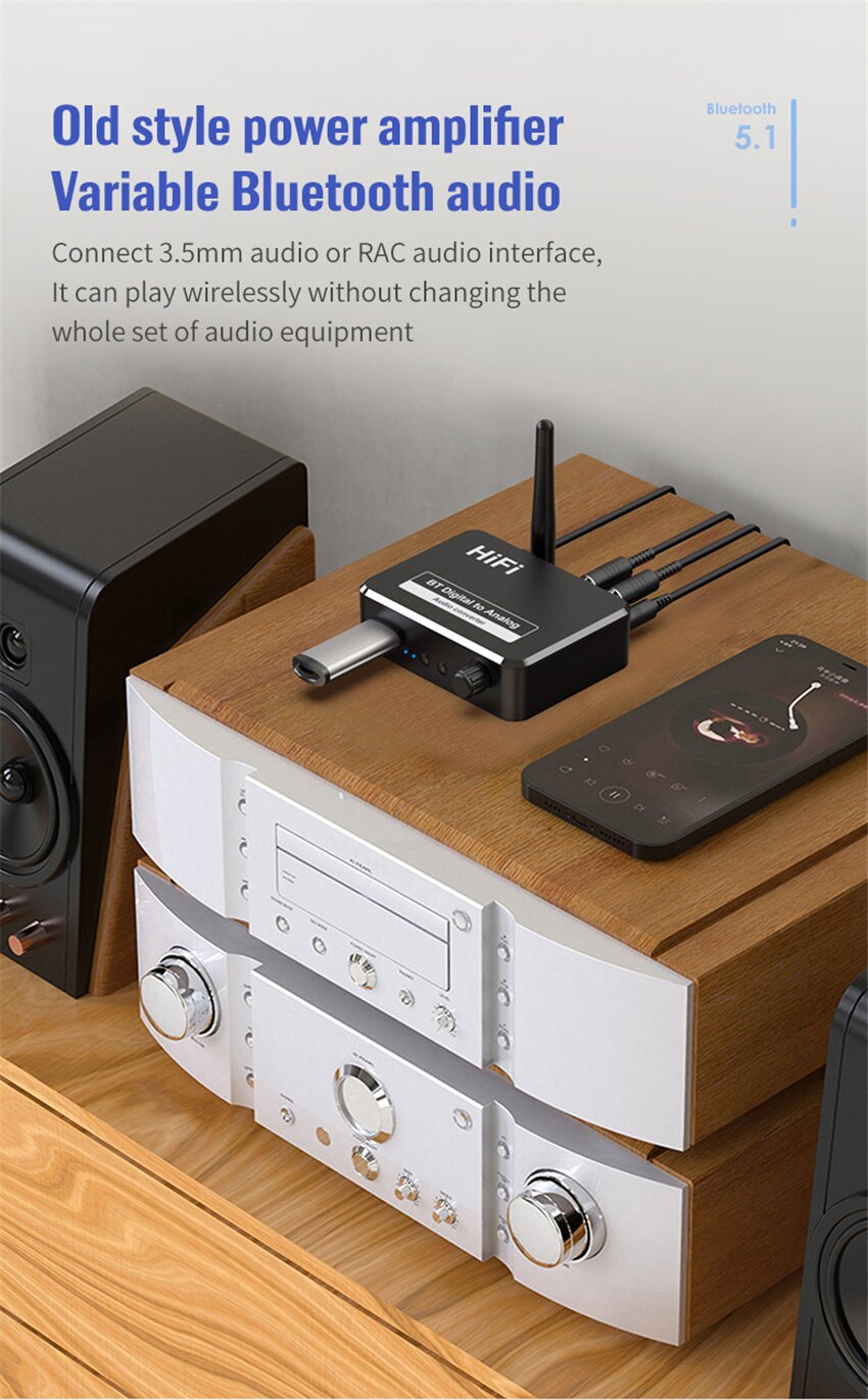 Digital to Analog Audio DAC Converter Spdif Optical Fiber Signal to 3.5MM 3.5 AUX 2 RCA Amplifier Decoder Bluetooth 5.0 Receiver