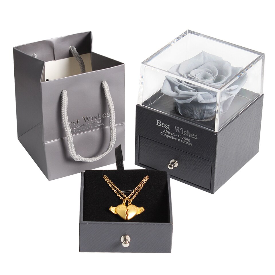 Preserved Real Rose Jewelry Box with Necklace Holder Immortal Flowers Forever Blossom Wedding Birthday Set for Women: grey with necklace 
