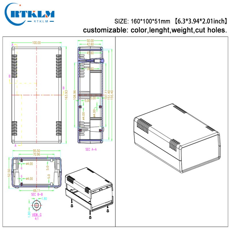 Caja de instrumentos de plástico para proyectos de plástico, caja de plástico abs para proyectos de bricolaje, caja de conexiones para electrónica, 160x100x51mm, 1 unidad