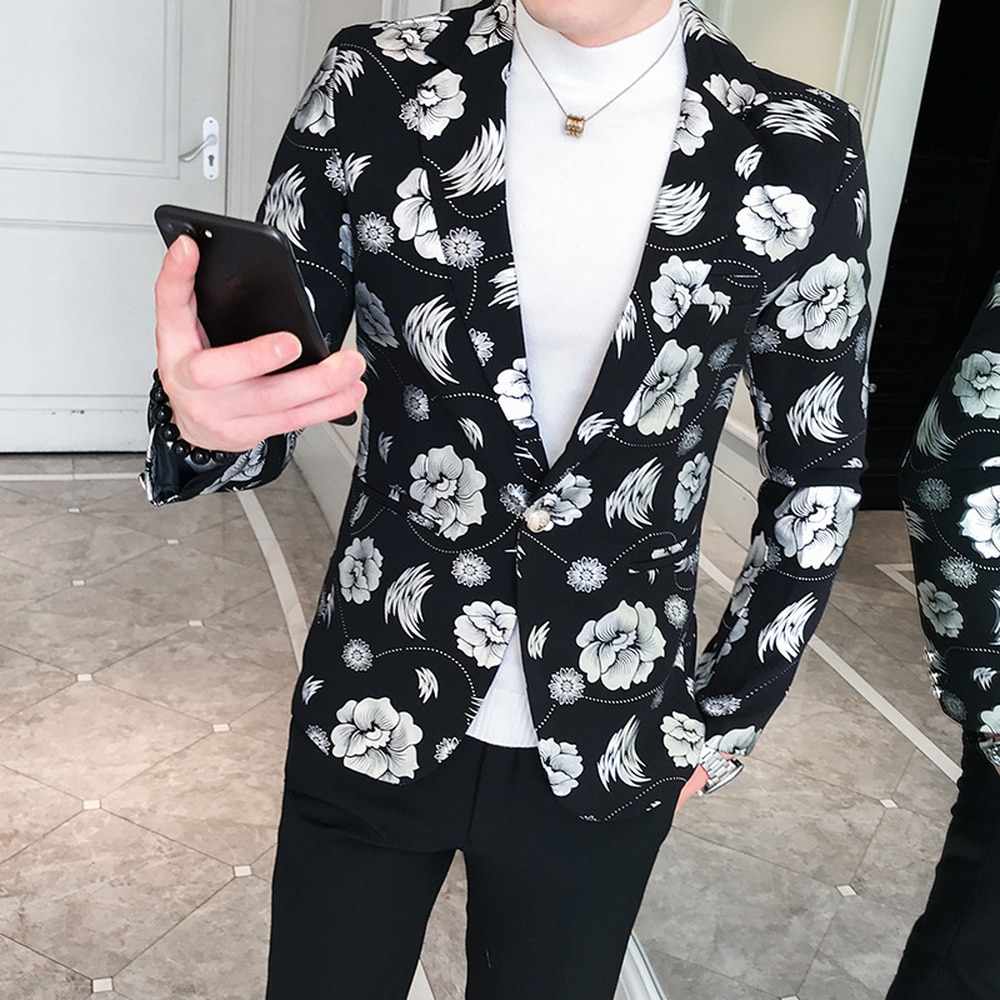 Smokings Heren Blazer Jacket Slim Fit Bloemen Pak Trend Afdrukken Bloemen Mode Mannelijke Party Stage Formele Jasje Zilver Goud