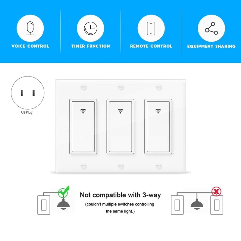 3 Gang WiFi Smart Light Switch for Alexa Google Home Wireless Switch with Remote Control and Timer US Plug