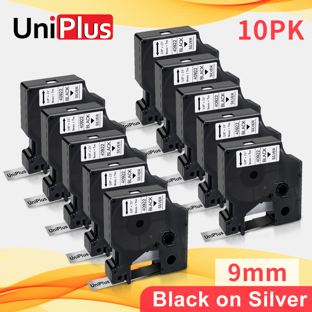 UniPlus Compatible Dymo D1 Label Tape 40922 Black on Silver 9mm*7m Labeling for Dymo Label Maker Printer Ribbon LabelPoint 350: 10 pieces