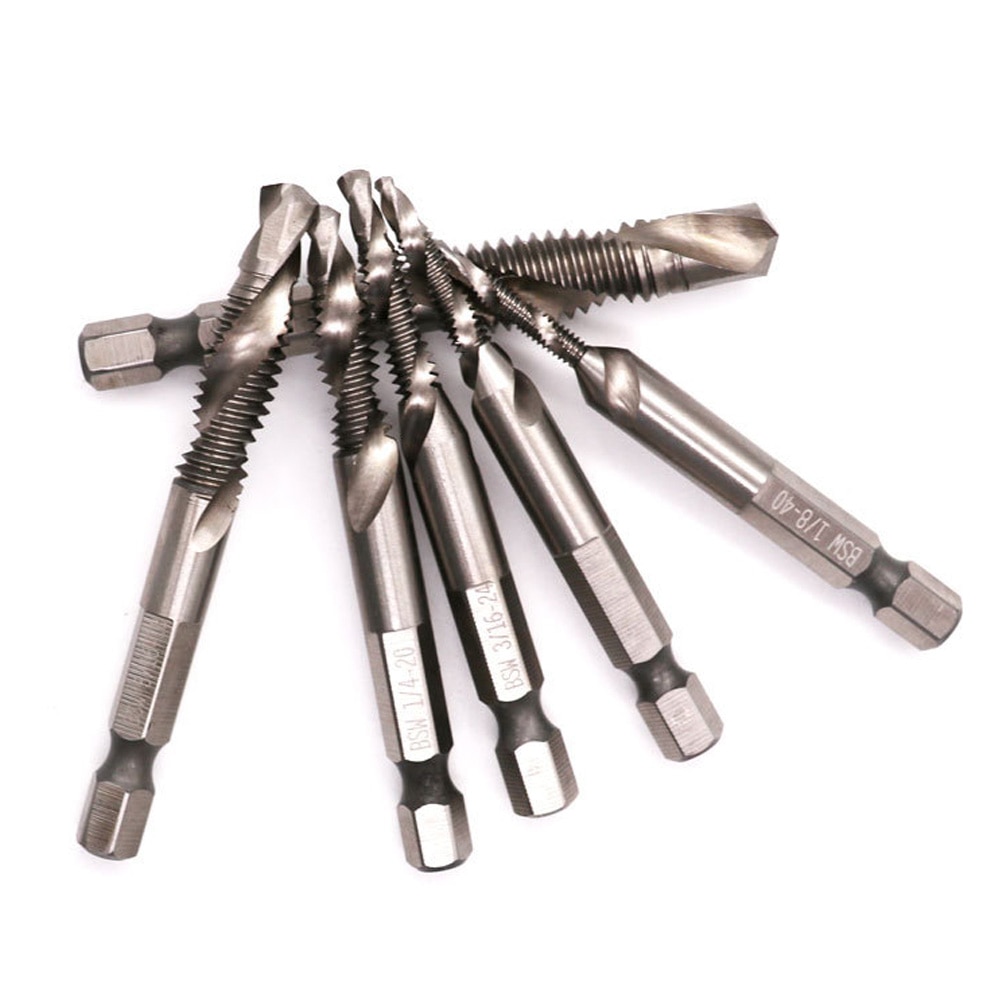 6pcs Speed Steel Screw Tap Drill Bits Hss Taps Countersink Deburr Set Metric Combination Bit High l 1/4 IN Quick Change Hex Die