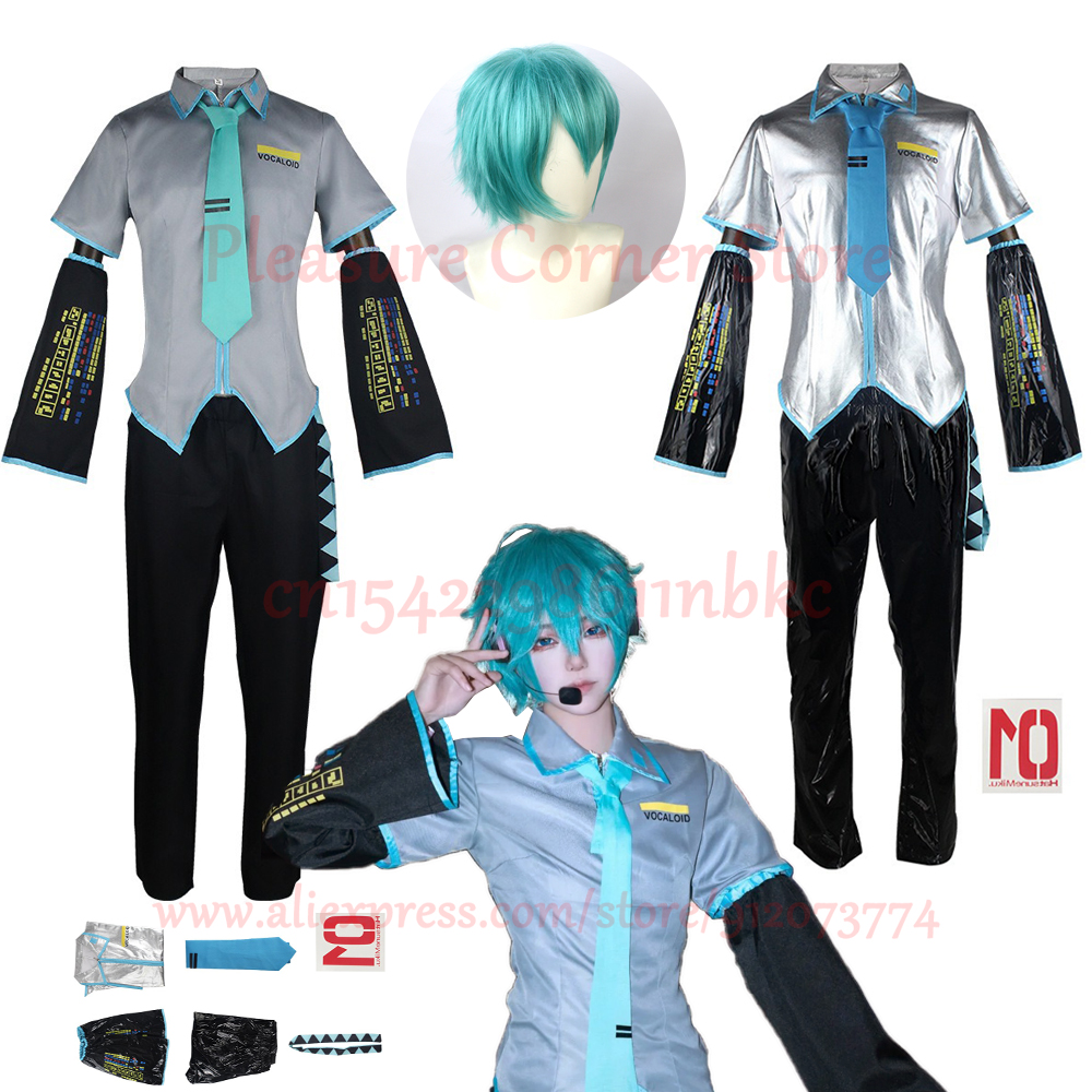 Peluca de disfraz de Miku para hombre, tamaño europeo, conjunto completo de tela de cuero plateado, traje de tela, uniforme de estilo masculino Miku