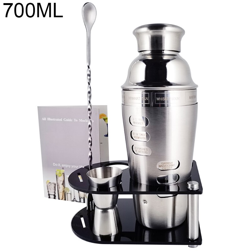 Stainless Steel Cocktail Shaker Set 550/750ml With 15/30ml Measuring Cup Jigger Kit Wine Spoon Strainer Muddler Bar Tools: 5P 700ML Stand