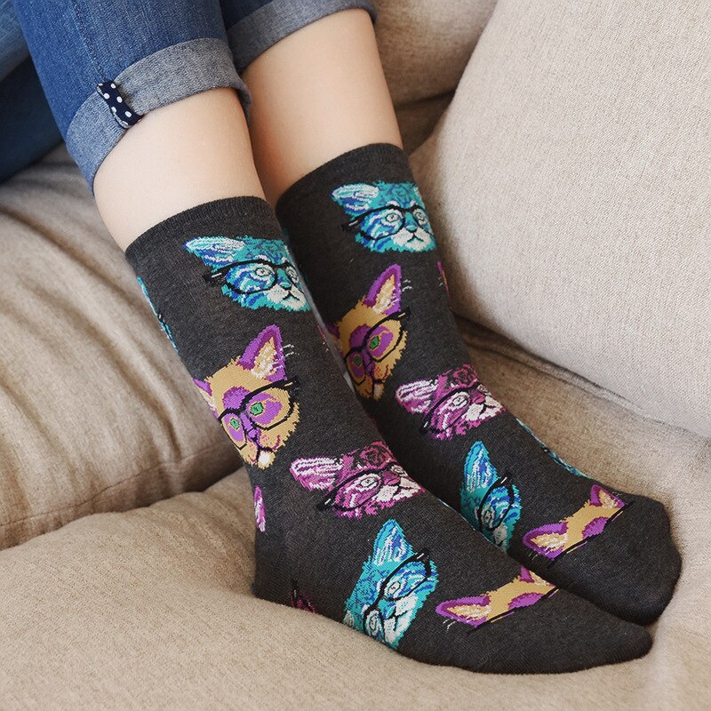 Spring / Autumn / Summer Ladies Socks Butterfly Socks Cute Dog Glasses Cat Socks Cartoon Funny Socks