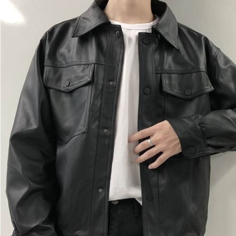 Chaqueta de cuero negro coreano para hombre, chaquetas de motocicleta con solapa a la , ropa de calle, Cazadora Bomber holgada de Hip-hop, M-2XL