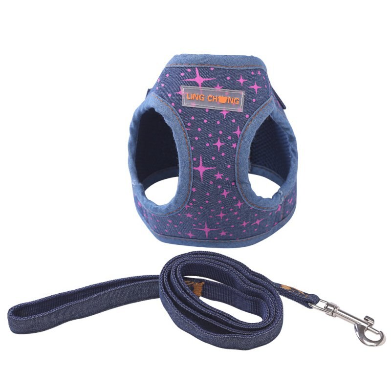 Soft Small Dog Harness Vest Leash Set Adjustable Denim Chest Strap Dog Puppy Walking Lead Cat Safe Leash British Style: B / L