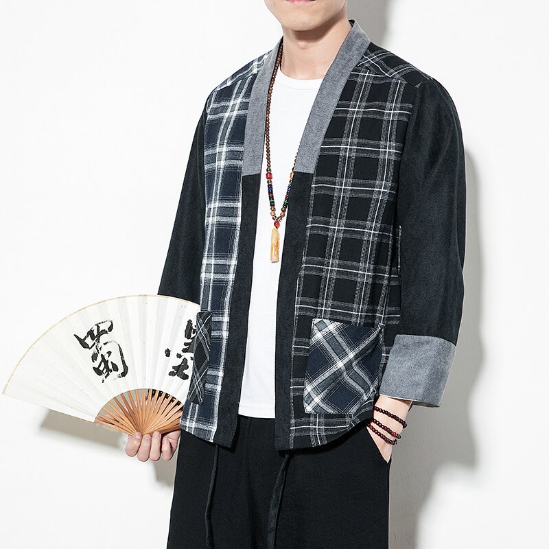 Rebeca a cuadros de color contrastante con costuras de estilo chino de verano, camisa Hanfu para hombre, ropa holgada China ligera y transpirable para hombre