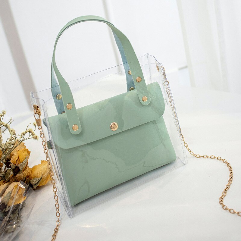 Handtas Pu Vrouwen Schoudertas Transparante Metalen Ketting Dual-Gebruik Snoep Kleur Tote Messenger Lady portemonnee: green