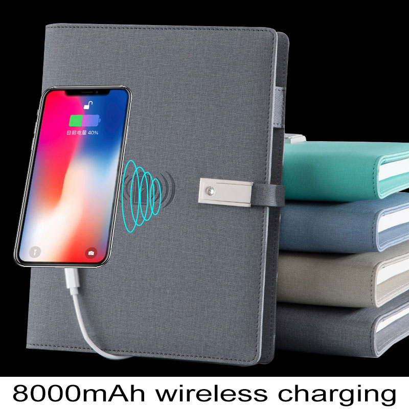 Power Bank – agenda A5 avec chargeur sans fil, 8000 MAh, agenda intelligent, reliure à feuilles mobiles, planificateur spiralé pour bureau