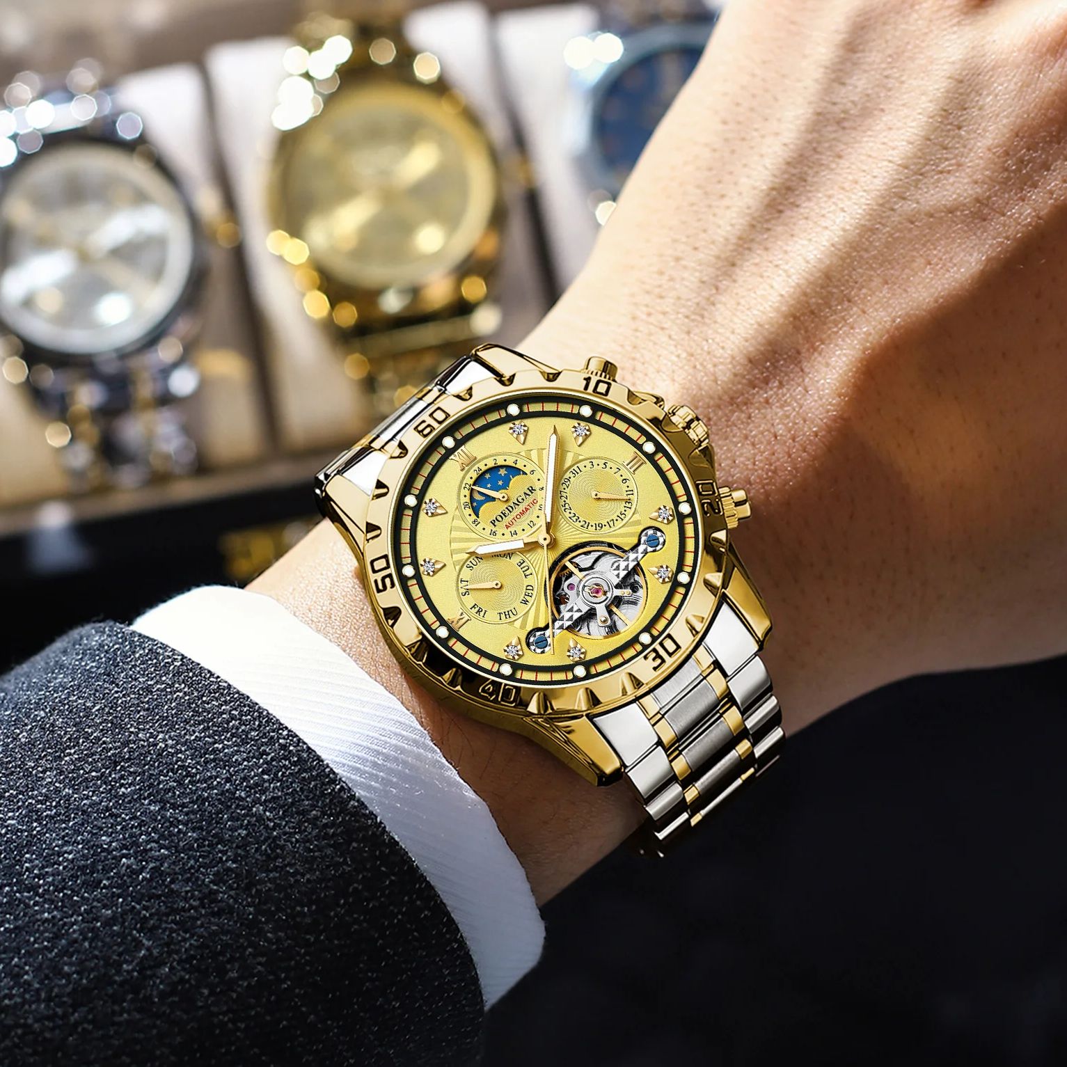 POEDAGAR-Montre de Luxe à Tourbillon Creux pour Homme, Accessoire Étanche, Mécanique et existent, en Acier Inoxydable, avec Date et Semaine