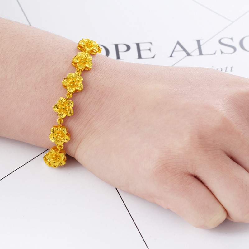 24k Vietnam Alluvial Gold Hand Chain for Women Brass Rose Flower Chain Charm Bracelets Bangle Jewelry