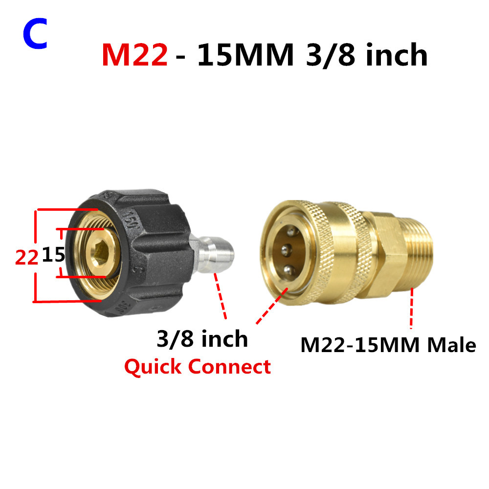 Hnyri 2 stk høytrykksvasker adaptersett  m22 hann med 14mm or 15mm svinger for hurtigkobling 3/8 & #39 ;& #39 ;  or 1/4 &quot; dyse med hurtigutløser: M22 15mm g3 8 tommer