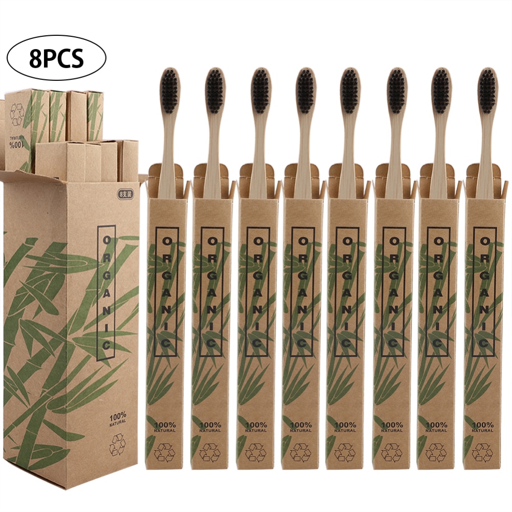 8 stk rejse miljøvenlige bambus træ tandbørster børstehår mundtand børste tandblegning voksen mundpleje: Sort