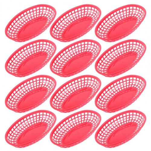 12Pcs Plastic Platter Oval Food Baskets For Fries Burgers Dog Cake Hamburger Plate Restaurant Supplies: Red