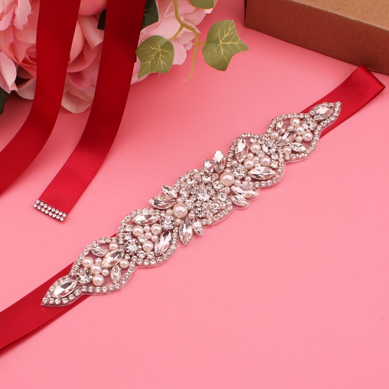 Luxe Bruiloft Riemen Bruids Kralen Riem Strass Sash Trouwjurk Accessoires Zilveren Diamant Bruidsmeisje Riemen: red