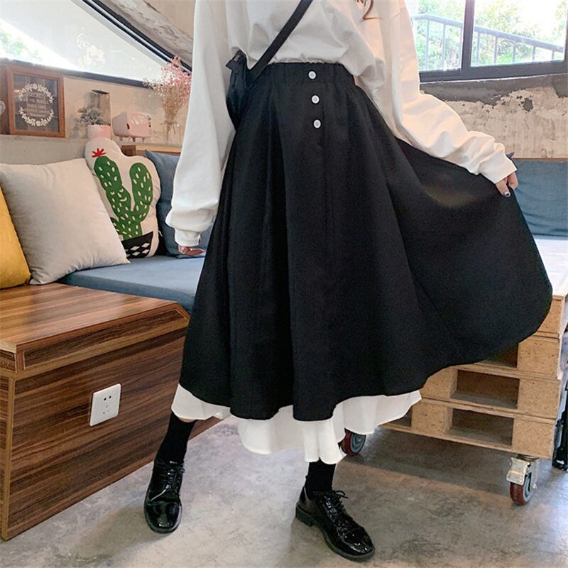 Saias femininas retrô com babados, saia chique coreana retrô com babados, outono e verão, saia básica adorável com patchwork, cintura elástica para mulheres: M