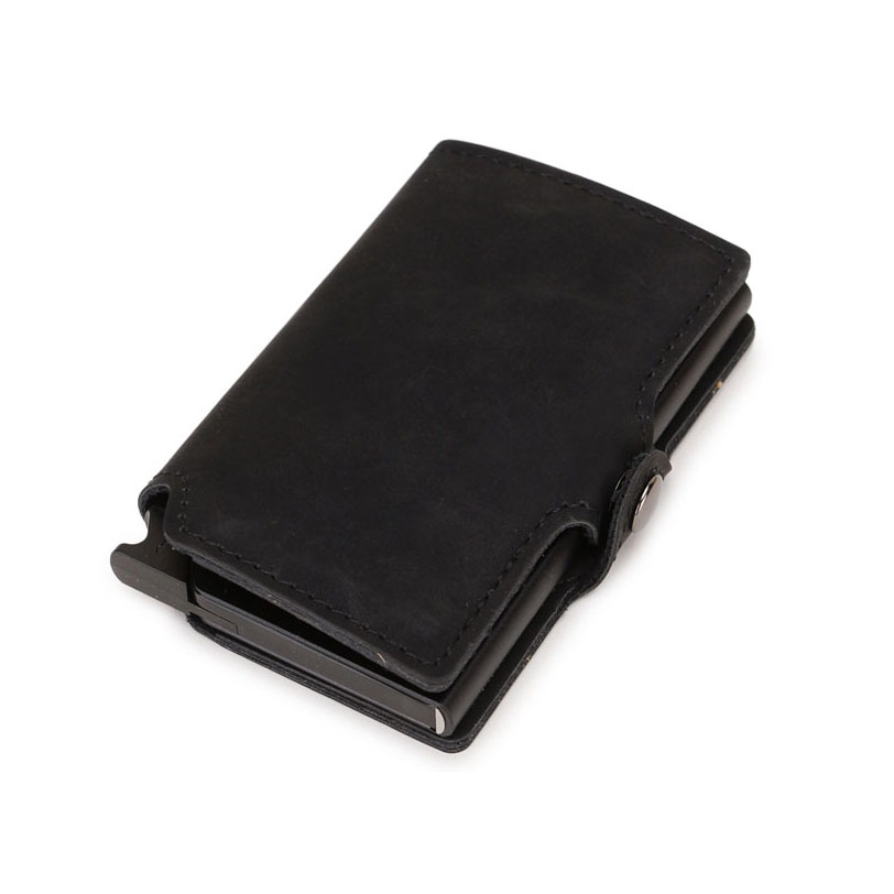 Casekey tyverisikring mænd tegnebog dobbelt aluminium læder kreditkort holder rfid metal tegnebog automatisk pop op pung id kortholder: Enkelt sort