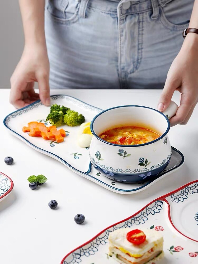 Ceramic dish Japanese breakfast dishes cutlery set one person tableware cute cherry breakfast plate oatmeal bowl