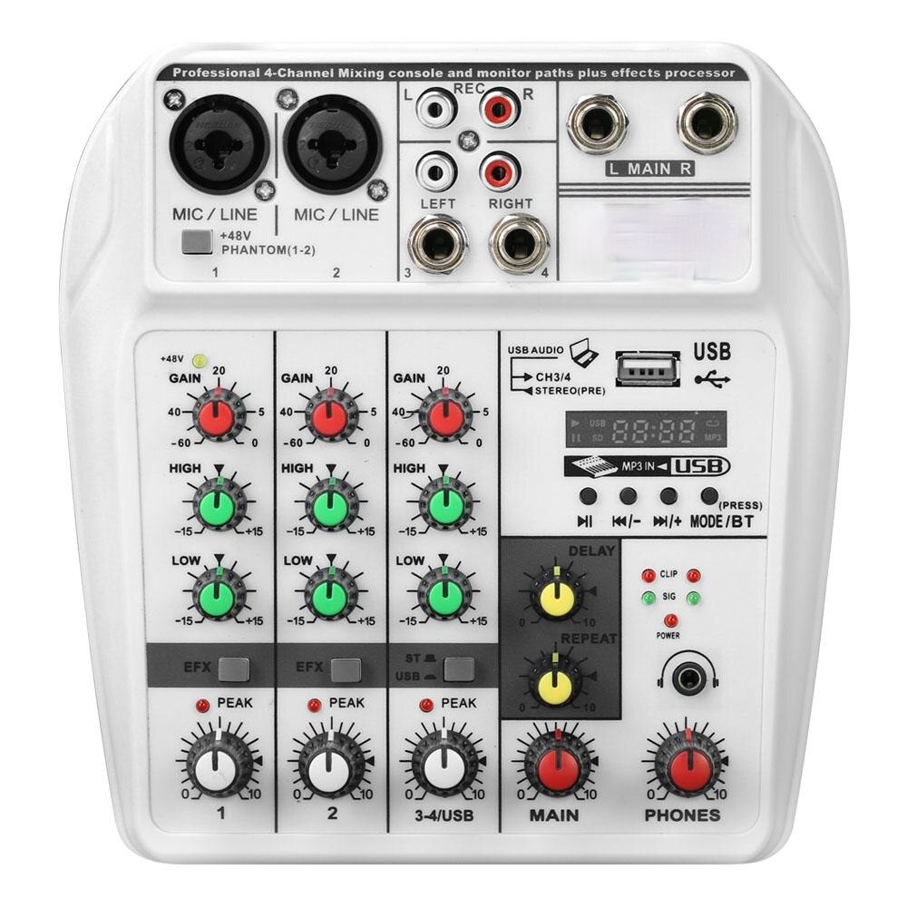 A4 Sound Mixing Console Bluetooth Usb Record Computer Afspelen 48V Phantom Power Vertraging Repaeat Effect 4 Kanalen Usb Audio mixer: WHITE