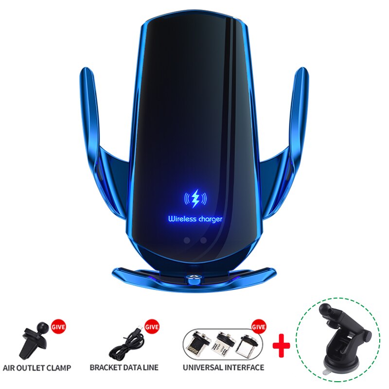30W Car Wireless Charger Magnetic Automatic Car Mount Phone Holder For iPhone Samsung Xiaomi Infrared Induction QI Fast Charging: blue with sucker