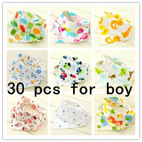 30pcs/lot Organic Cotton Double Layers Kids Baby Bibs Towel Bandanas Triangle Burp Saliva Infant Toddler Bandana: 30pcs boy h002