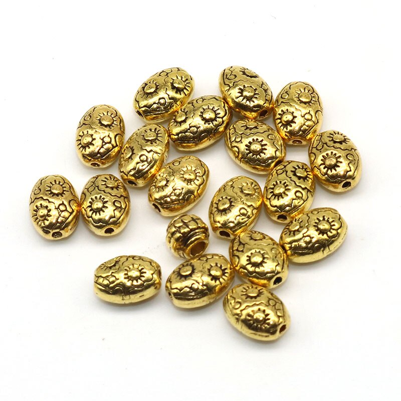 10mm 50pcs/lot Metal Zinc Alloy Beads Pattern Antique Sliver Plated Oval Shape Loose Bead Spacer Beads for DIY Jewelry Making: Gold Color