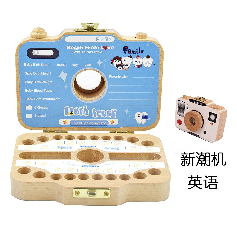 Baby houten tandendoos organizer melktanden opslag camera doos japans engels tanden verzamelen navelstreng bewaren baby tandendoos: Machine-engels