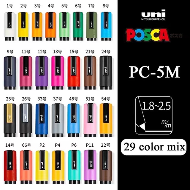 Uni Posca – ensemble complet de marqueurs de peinture acrylique, stylos PC-1M PC-3M PC-5M 7/8/12/15/24/29C pour peinture sur roche, Frabric, verre/métal, Graffiti