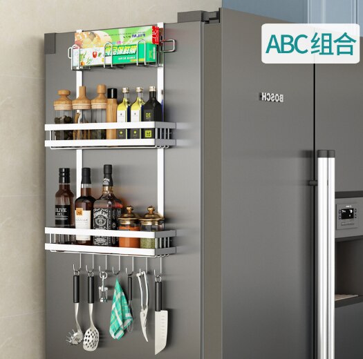 Multifunctional Refrigerator Rack Side Storage Rack Kitchen Spice Rack Wall-mounted Rack Kitchen Accessories Organizer: ABC / Silver